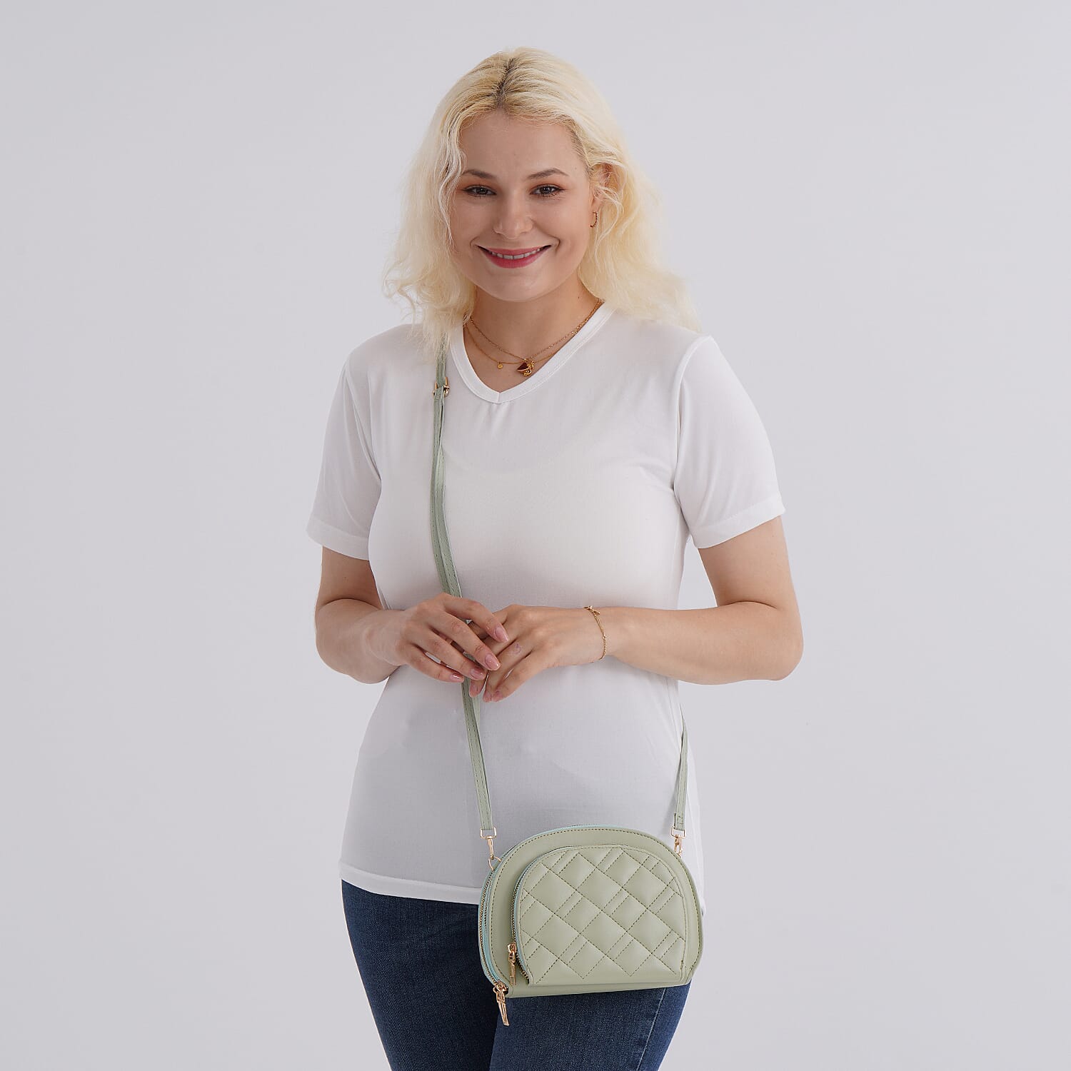 Leatherette Quilted Crossbody Bag with Log Strap - Pistachio Green