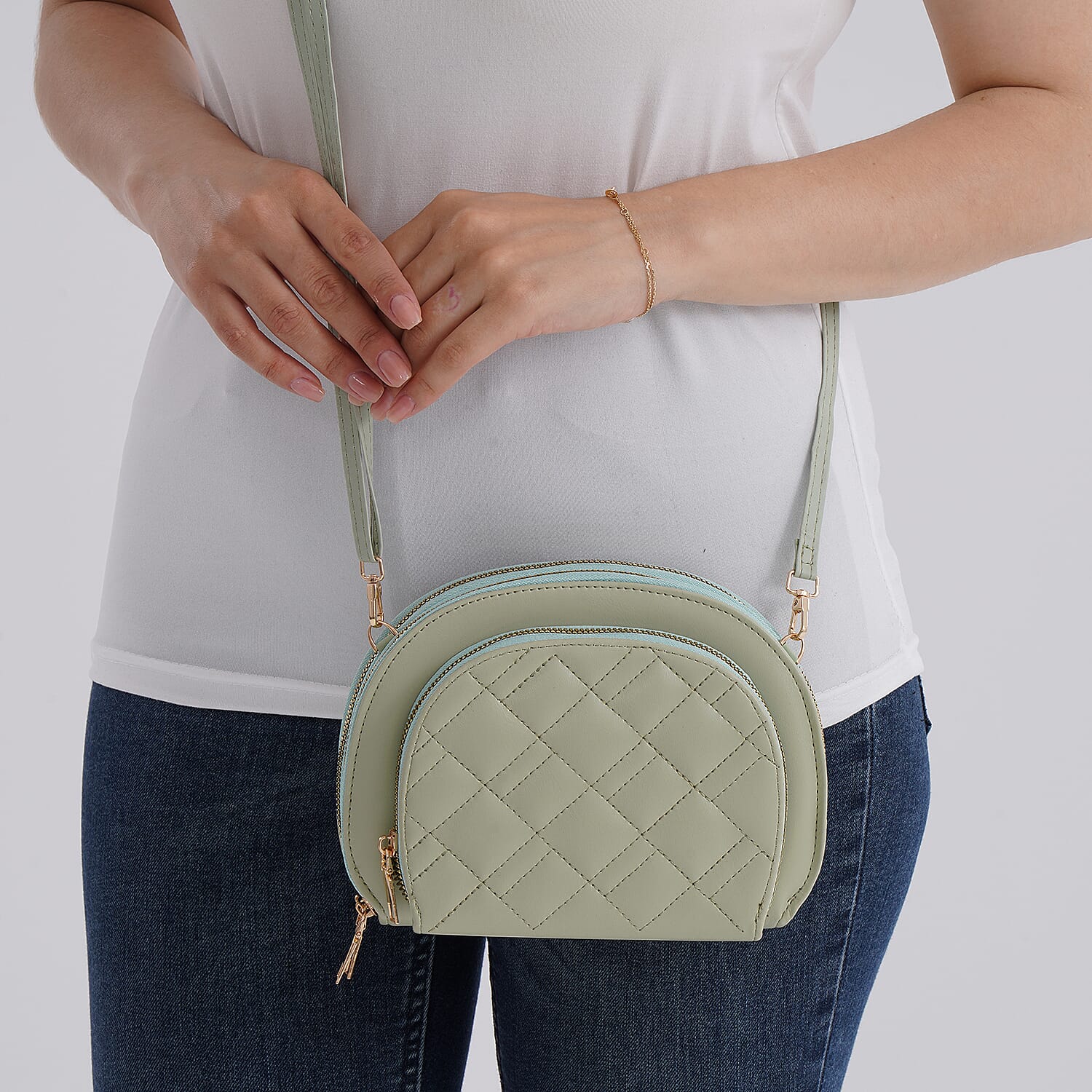 Leatherette Quilted Crossbody Bag with Log Strap - Pistachio Green