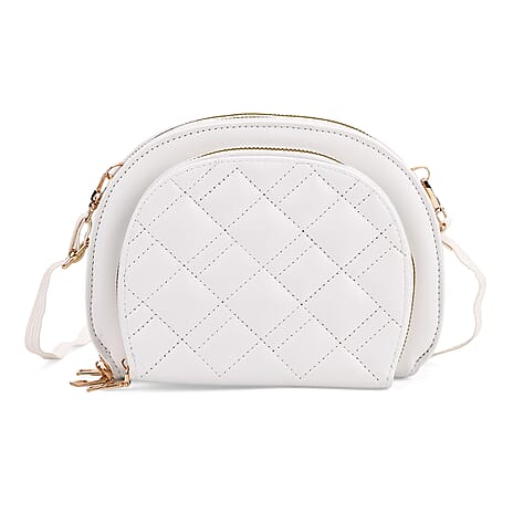 Leatherette Quilted Crossbody Bag with Log Strap - White