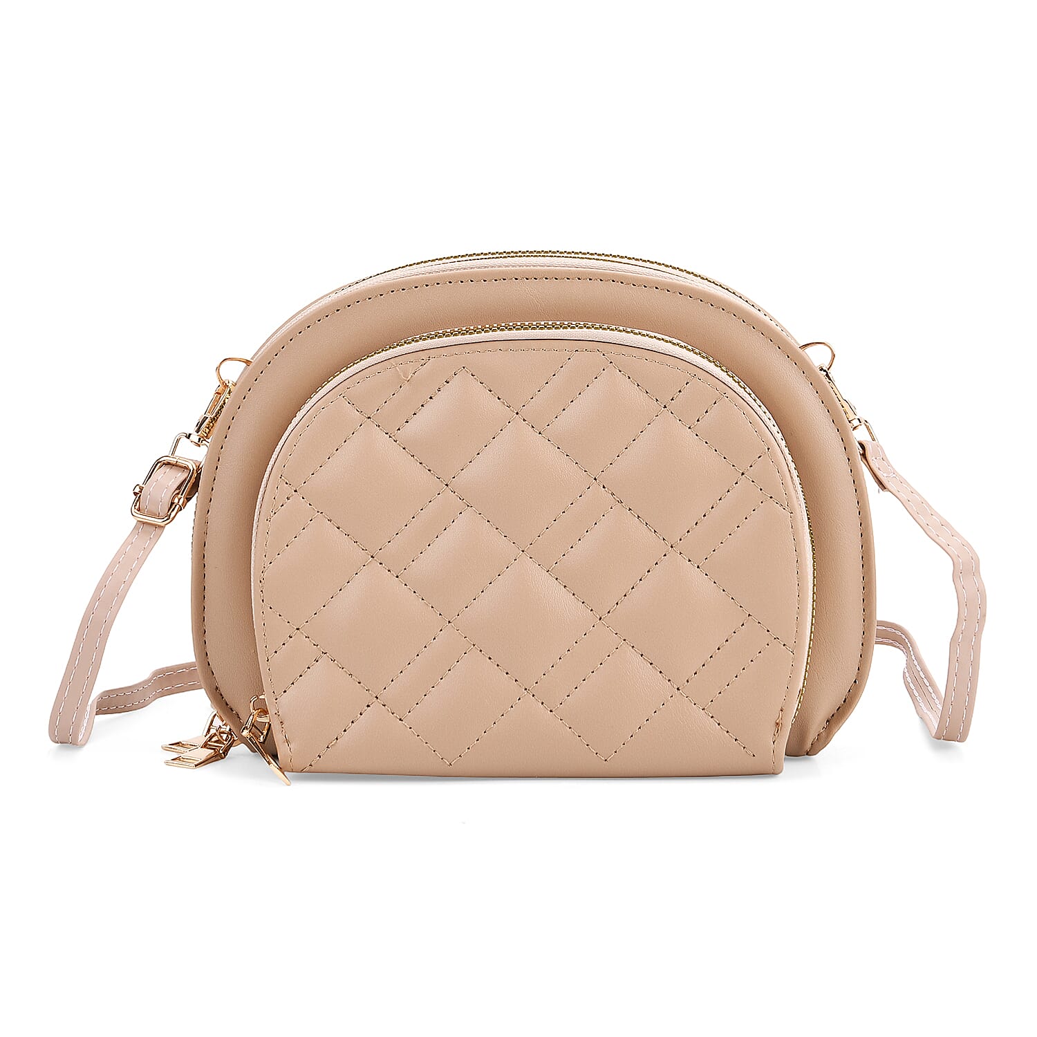 Leatherette Quilted Crossbody Bag with Log Strap - Khaki