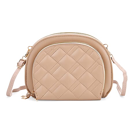 Leatherette Quilted Crossbody Bag with Log Strap - Khaki