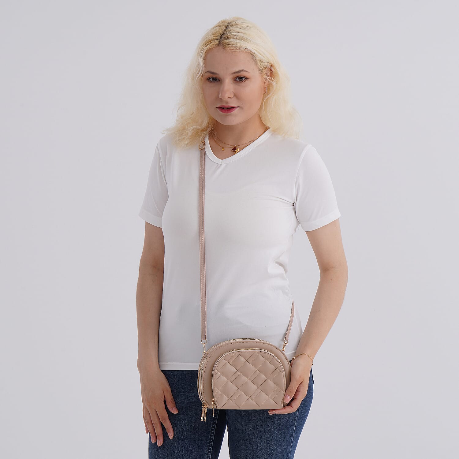 Leatherette Quilted Crossbody Bag with Log Strap - Khaki