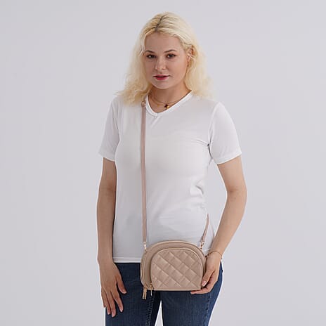 Leatherette Quilted Crossbody Bag with Log Strap - Khaki