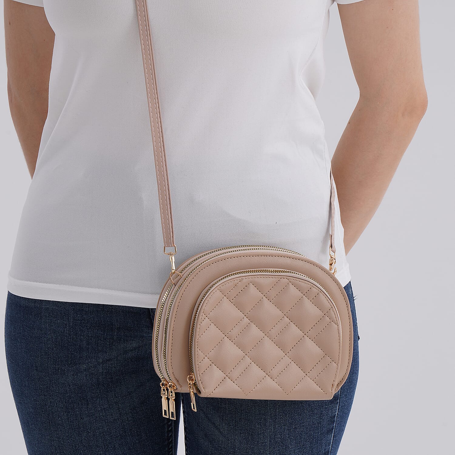 Leatherette Quilted Crossbody Bag with Log Strap - Khaki