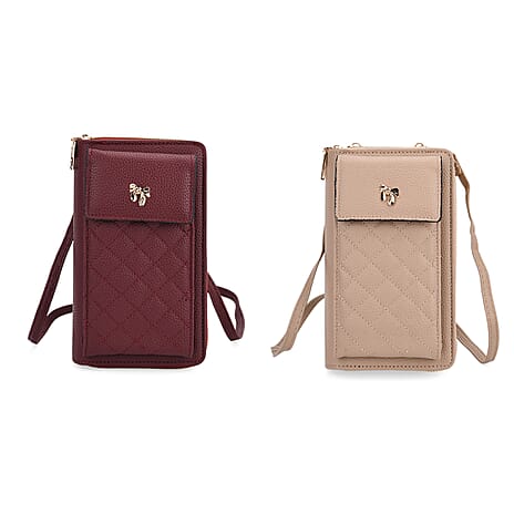 Set of 2 Quilted Cellphone Bags - Beige - Burgundy