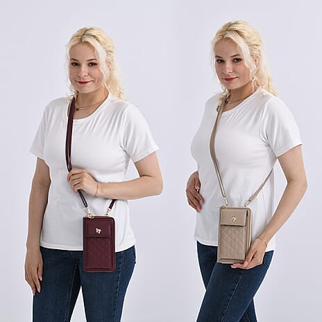 Set of 2 Quilted Cellphone Bags - Beige - Burgundy