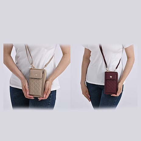 Set of 2 Quilted Cellphone Bags - Beige - Burgundy