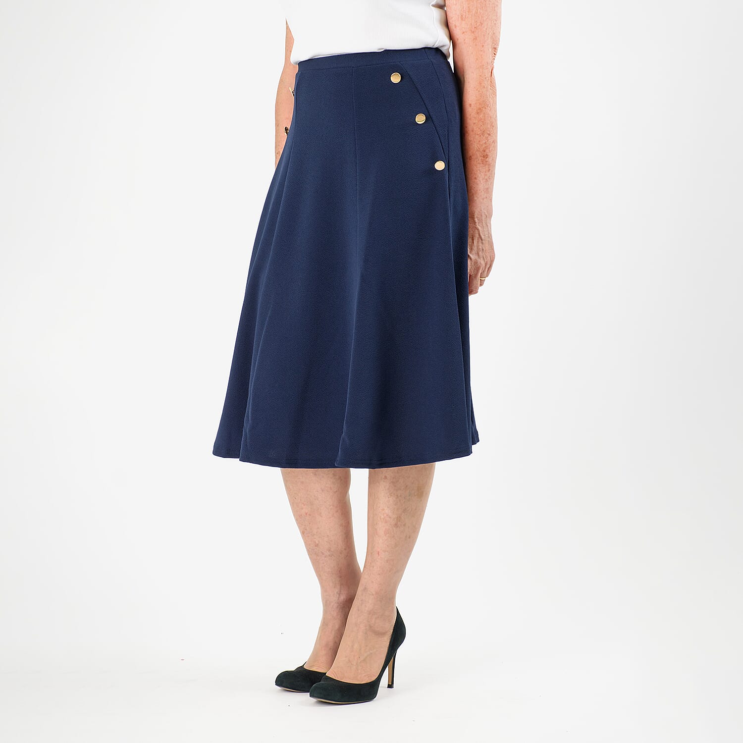 Anonymous A-Line Midi Skirt with Gold Button Detail (Size 12) - Navy