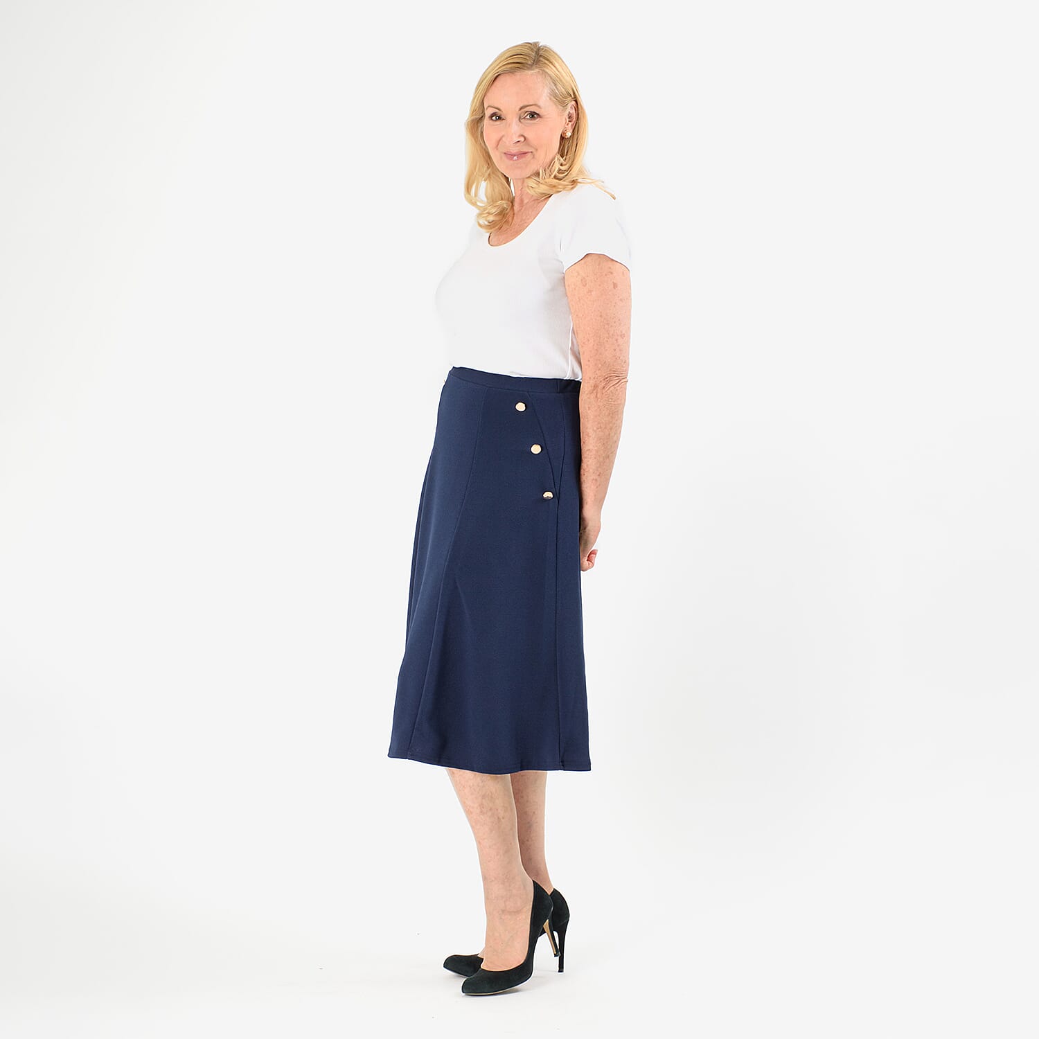 Anonymous A-Line Midi Skirt with Gold Button Detail (Size 12) - Navy