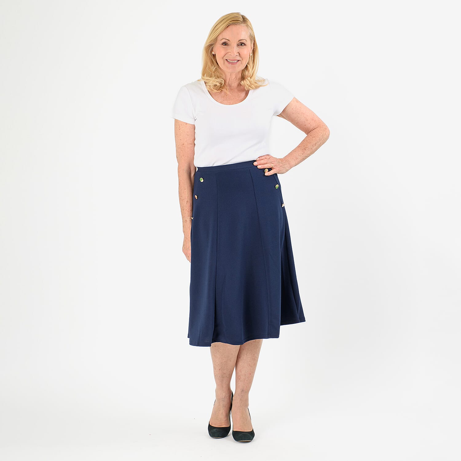 Anonymous A-Line Midi Skirt with Gold Button Detail (Size 12) - Navy