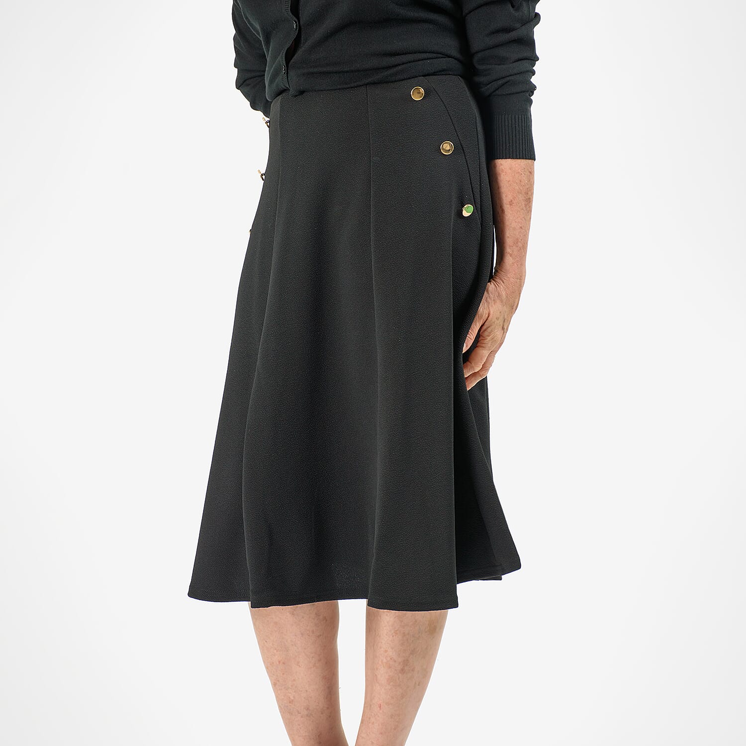 Anonymous A-Line Midi Skirt with Gold Button Detail (Size 12) - Navy