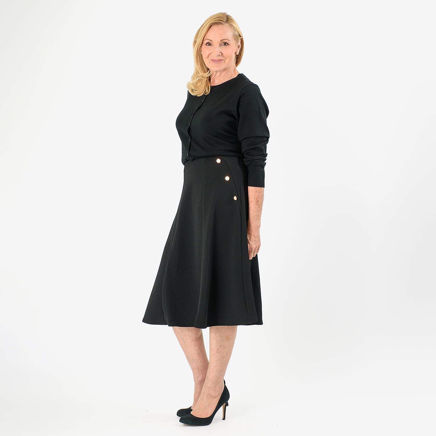 Anonymous A-Line Midi Skirt with Gold Button Detail (Size 12) - Navy