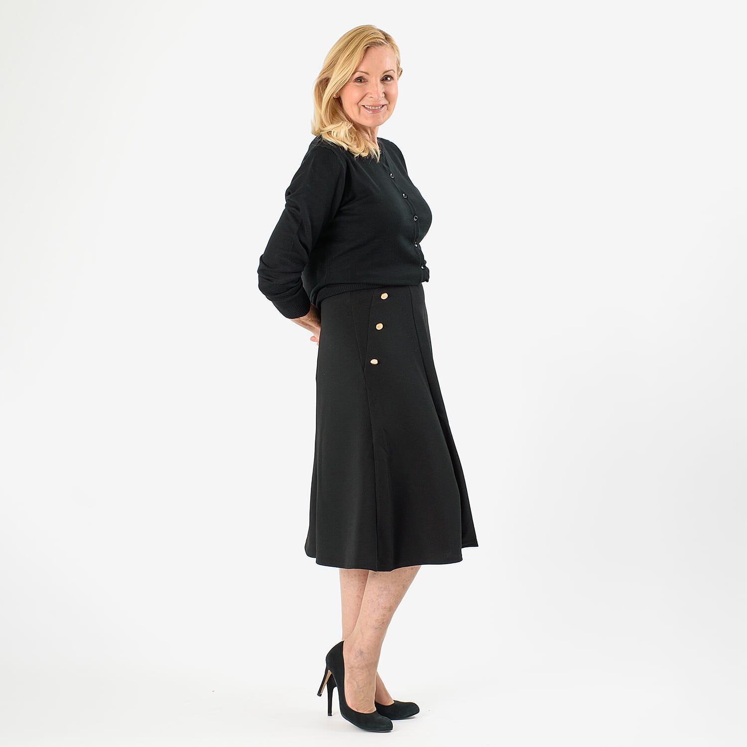 Anonymous A-Line Midi Skirt with Gold Button Detail (Size 12) - Navy