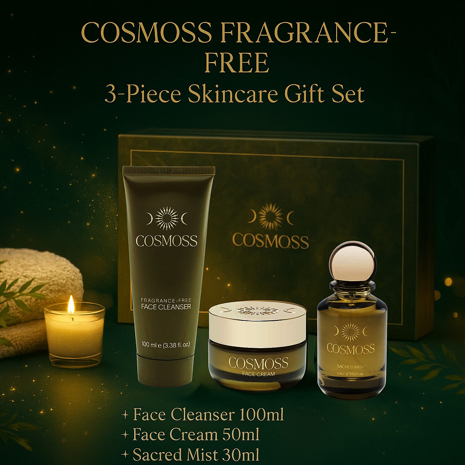 Cosmoss Fragrance Free - 3 Piece Skincare Gift Set (Incl. Face Cleanser 100ml, Face Cream 50ml & Sacred Mist 30ml)