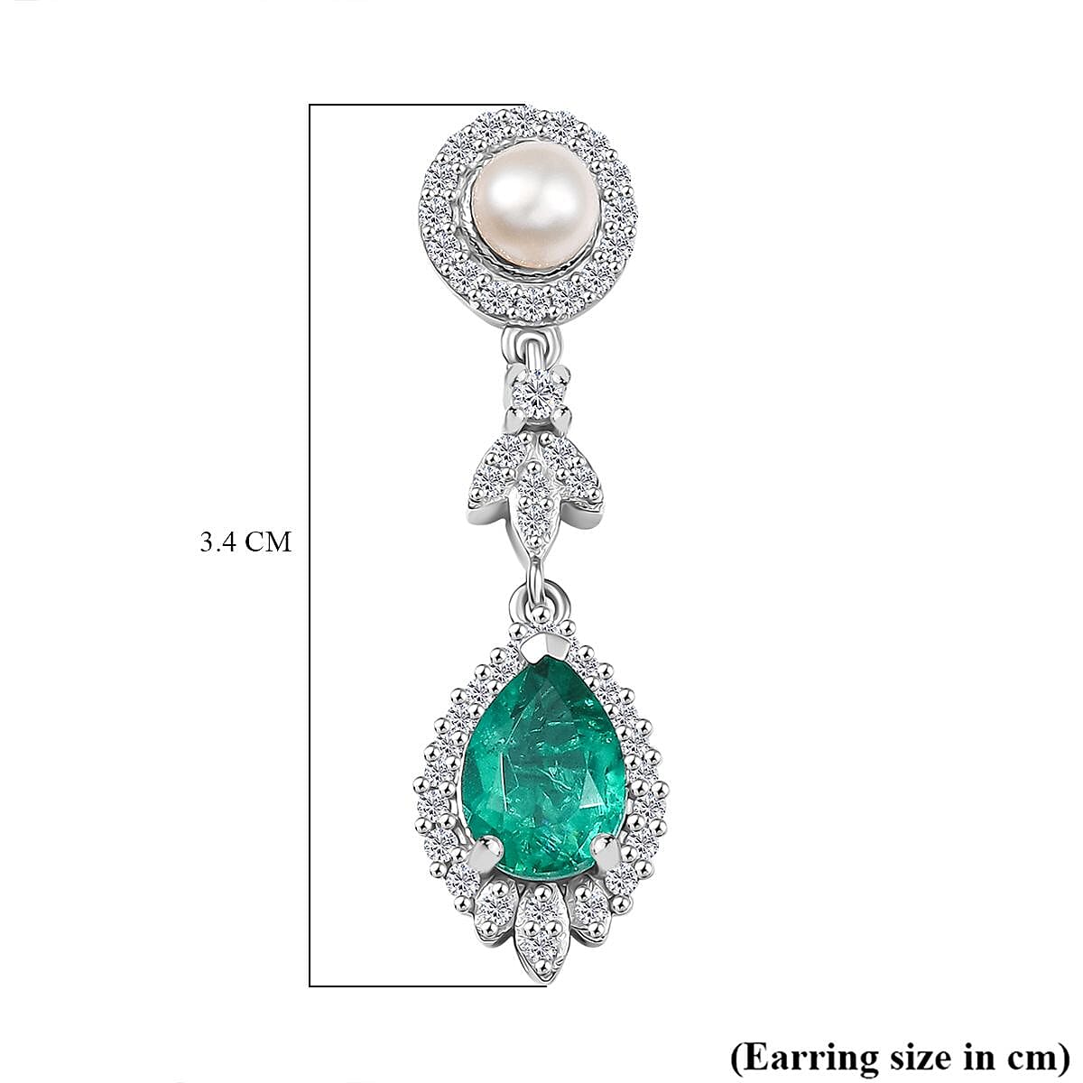 Emeraldine Triplet Quartz, Fresh Water Pearl & White Zircon Dangling Earring with Push Back in Rhodium Overlay Sterling Silver 4.79 Ct. Emeraldine Triplet Quartz, Fresh Water Pearl & White Zircon Dangling Earring with Push Back in Rhodium Overlay Sterling Silver 4.79 Ct.