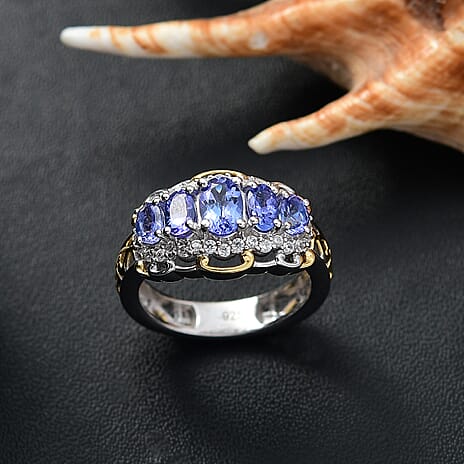 The Legacy of Kilimanjaro - Premium Tanzanite & White Zircon 5 Stone Ring in 18K Vermeil Yellow Gold Plated & Rhodium Plated Sterling Silver 1.70 Ct.