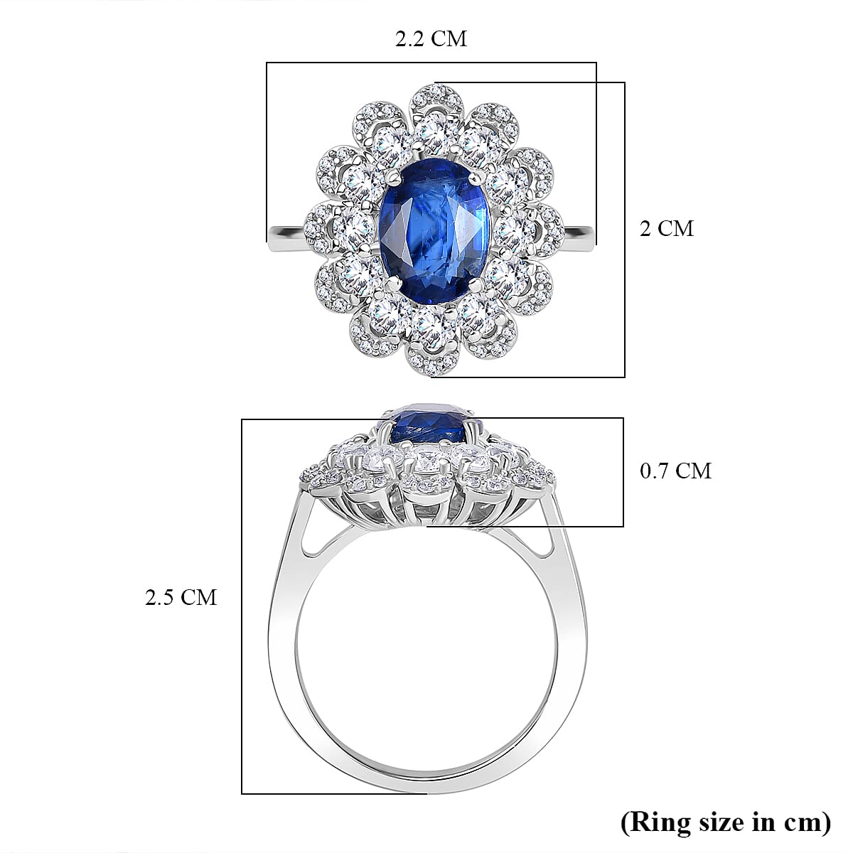 AAA Natural Kashmir Kyanite & White Zircon Cluster Ring in Rhodium Overlay Sterling Silver 3.77 Ct. AAA Natural Kashmir Kyanite & White Zircon Cluster Ring in Rhodium Overlay Sterling Silver 3.77 Ct.
