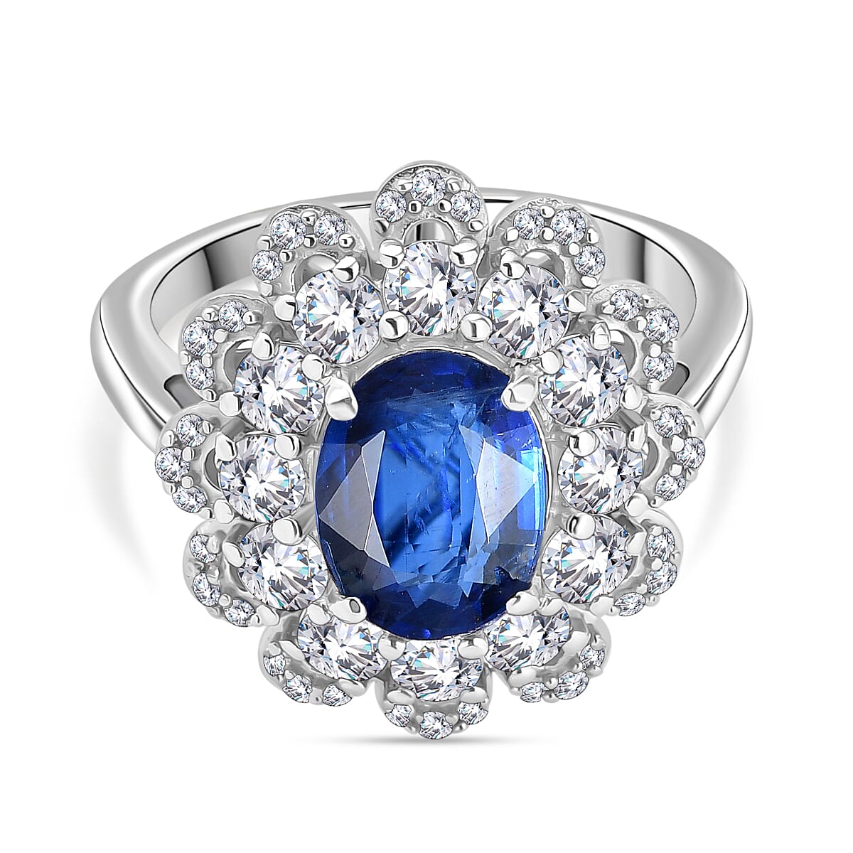 Natural Kashmir Kyanite, White Zircon Floral Ring in Rhodium Overlay Sterling Silver 3.76 Ct.