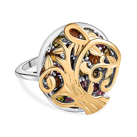 GP Collection: Multi-Tourmaline, Multi Gemstones Tree Ring in Sterling Silver with 18K Vermeil Yellow Gold