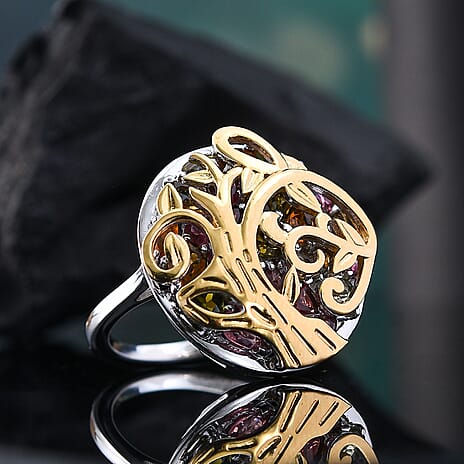 GP Tree Of Life Collection - Multi Tourmaline & Multi Gemstones Ring in 18K Vermeil Yellow Gold Plated & Rhodium Overlay Sterling Silver 3.67 Ct.