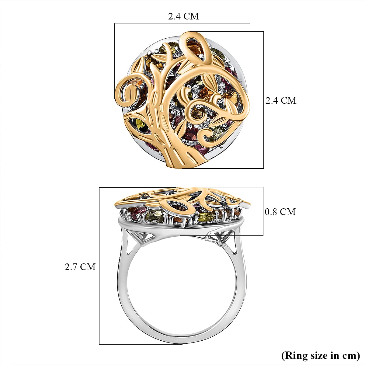 GP Tree Of Life Collection - Multi Tourmaline & Multi Gemstones Ring in 18K Vermeil Yellow Gold Plated & Rhodium Overlay Sterling Silver 3.67 Ct. GP Tree Of Life Collection - Multi Tourmaline & Multi Gemstones Ring in 18K Vermeil Yellow Gold Plated & Rhodium Overlay Sterling Silver 3.67 Ct.