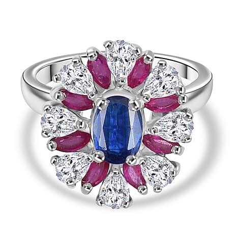 Kashmir Kyanite, African Ruby & Moissanite Cluster Ring in Rhodium Overlay Sterling Silver 3.20 Ct.