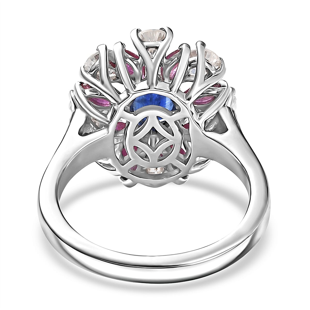 Kashmir Kyanite, African Ruby & Moissanite Cluster Ring in Rhodium Overlay Sterling Silver 3.20 Ct. Kashmir Kyanite, African Ruby & Moissanite Cluster Ring in Rhodium Overlay Sterling Silver 3.20 Ct.