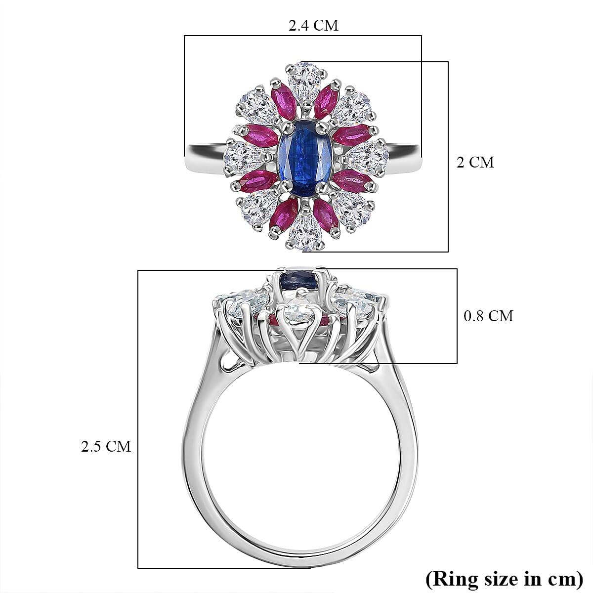 Kashmir Kyanite, African Ruby & Moissanite Cluster Ring in Rhodium Overlay Sterling Silver 3.20 Ct. Kashmir Kyanite, African Ruby & Moissanite Cluster Ring in Rhodium Overlay Sterling Silver 3.20 Ct.