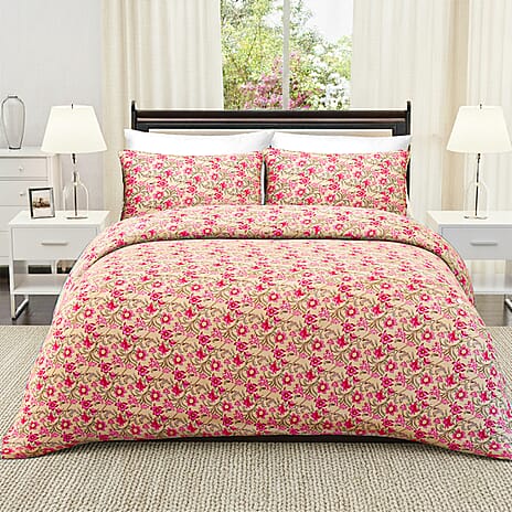 LOWEST EVER PRICE - Hush Heaven 3-Piece Printed Duvet Set with Pillow Covers, Storage Bag (Size Double) - Beige - Pink