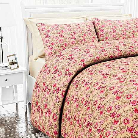 LOWEST EVER PRICE - Hush Heaven 3-Piece Printed Duvet Set with Pillow Covers, Storage Bag (Size Double) - Beige - Pink