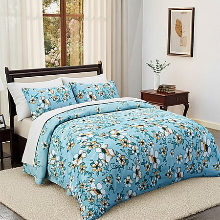 Hush Heaven 3-Piece Floral Print Duvet Set with Pillow Covers - Storage Bag (Size Double) - Blue