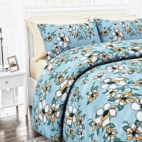 Hush Heaven 3-Piece Floral Print Duvet Set with Pillow Covers - Storage Bag (Size Double) - Blue