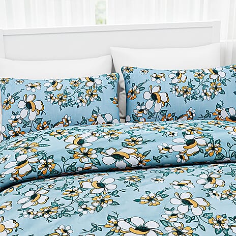 Hush Heaven 3-Piece Floral Print Duvet Set with Pillow Covers - Storage Bag (Size Double) - Blue