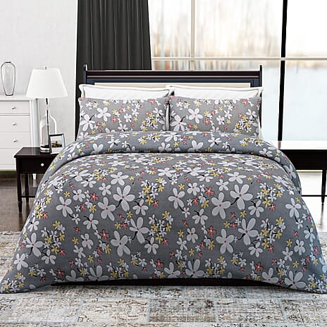 Homesmart 3-Piece Floral Print Duvet Set with Pillow Covers & Storage Bag (Size Double) - Grey