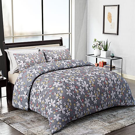 Homesmart 3-Piece Floral Print Duvet Set with Pillow Covers & Storage Bag (Size Double) - Grey