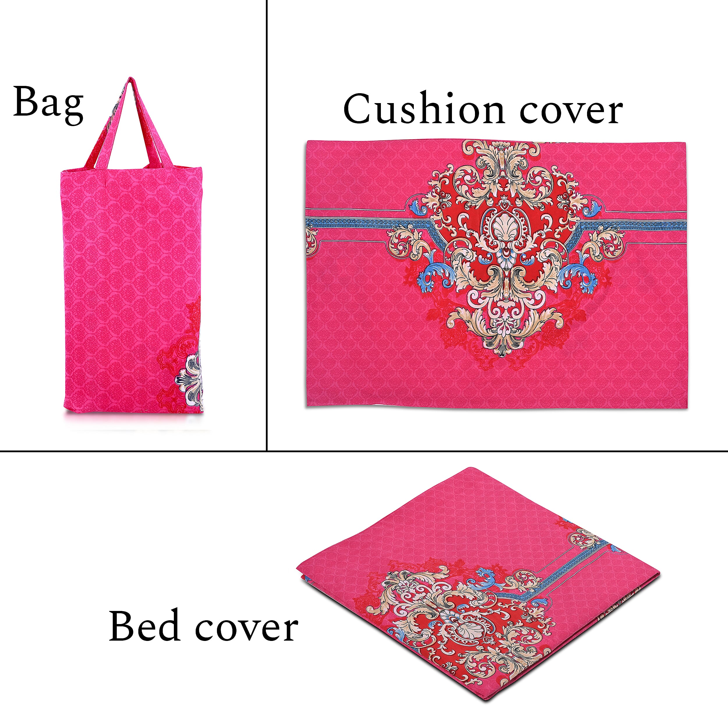 Homesmart 3-Piece Printed Duvet Set with Pillow Covers & Storage Bag (Size Double) - Fushia