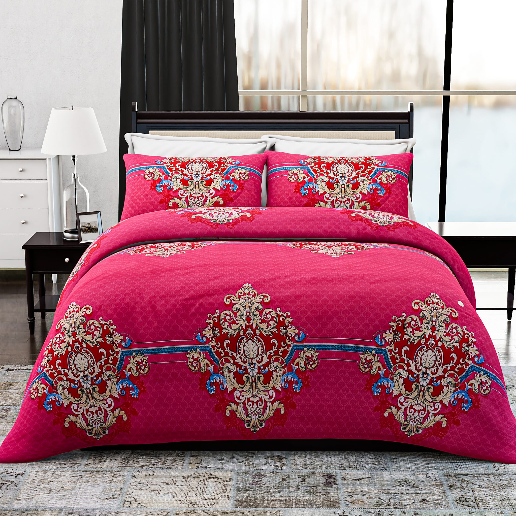 Homesmart 3-Piece Printed Duvet Set with Pillow Covers & Storage Bag (Size Double) - Fushia