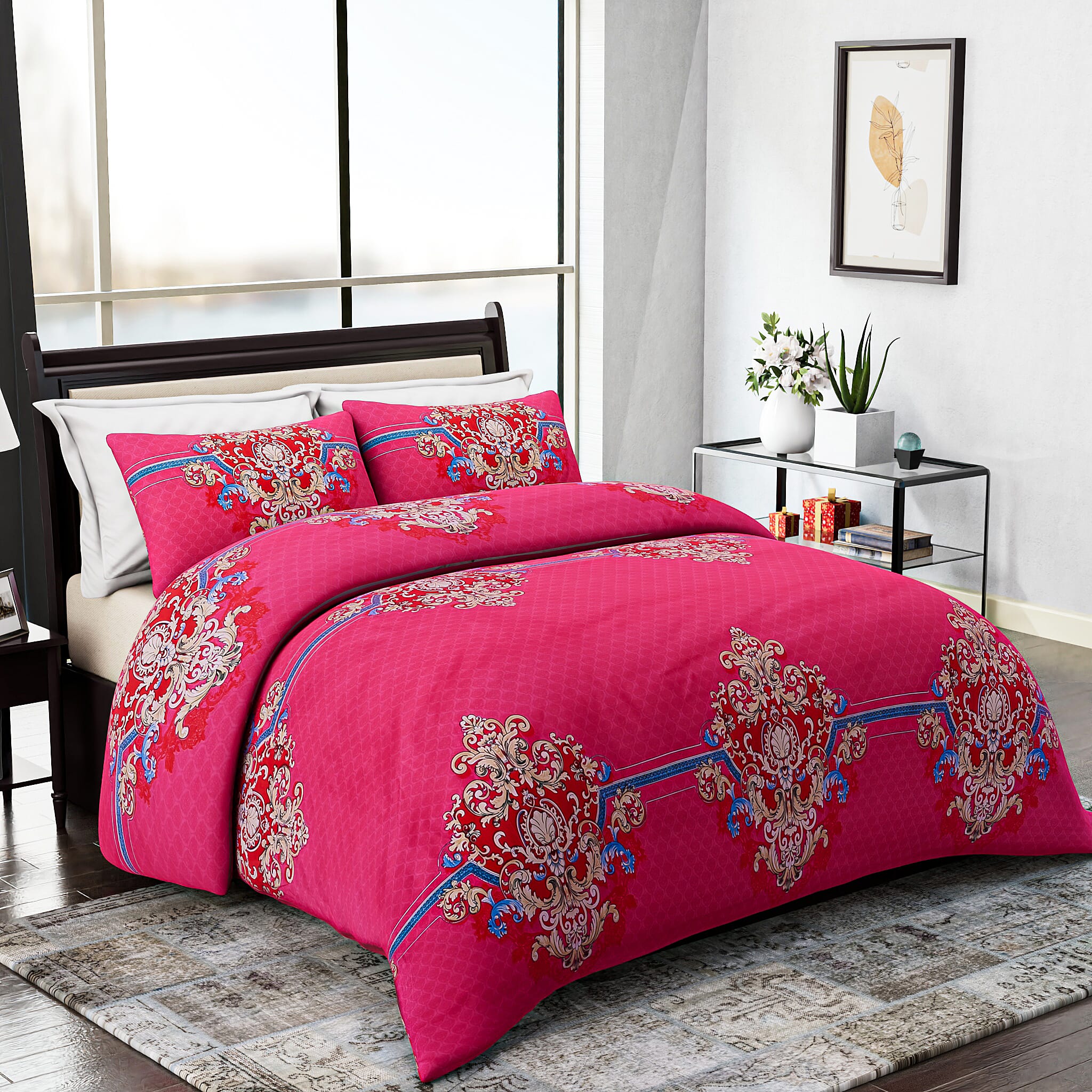 Homesmart 3-Piece Printed Duvet Set with Pillow Covers & Storage Bag (Size Double) - Fushia