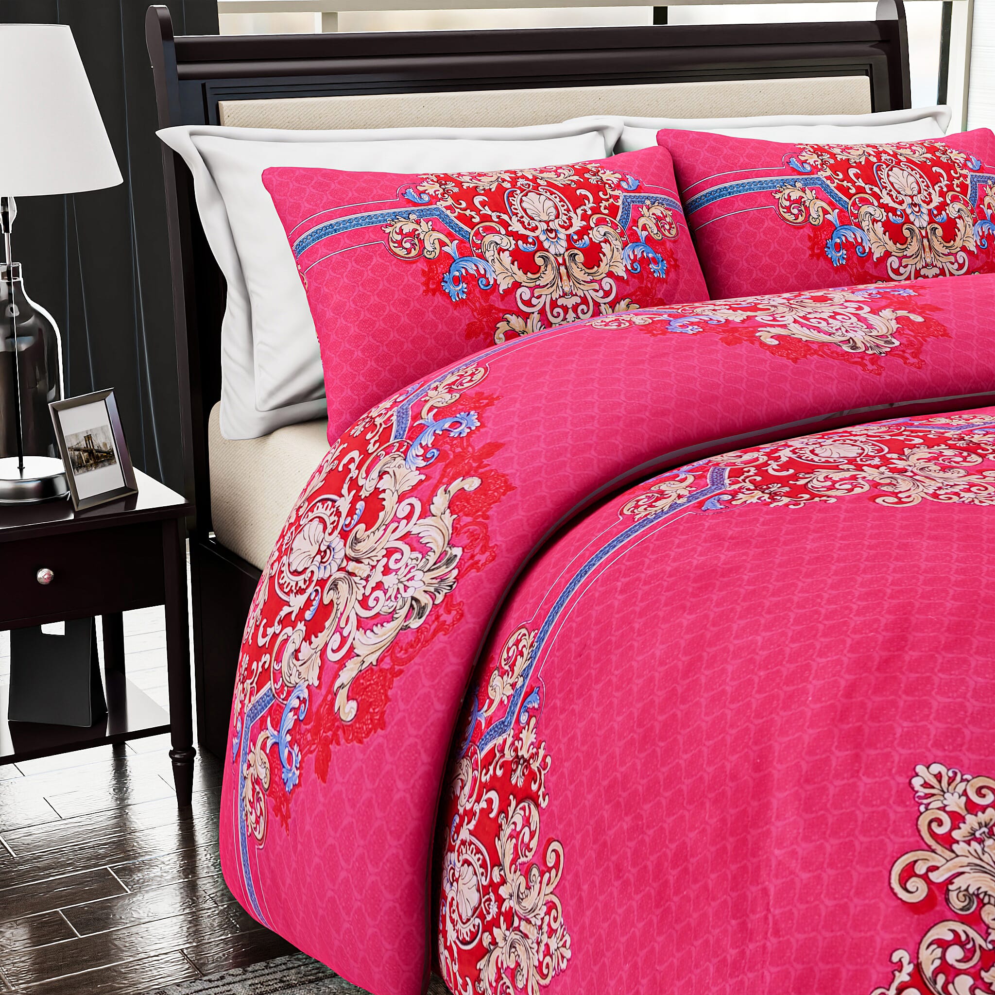 Homesmart 3-Piece Printed Duvet Set with Pillow Covers & Storage Bag (Size Double) - Fushia