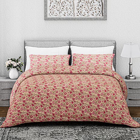 Hush Heaven 3-Piece Printed Duvet Set with Pillow Covers - Storage Bag (Size King) - Beige - Pink