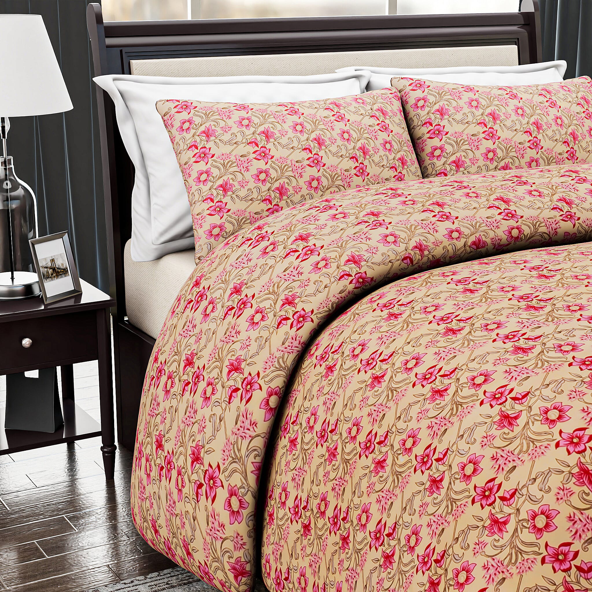 Hush Heaven 3-Piece Printed Duvet Set with Pillow (Size King) - Beige - Pink