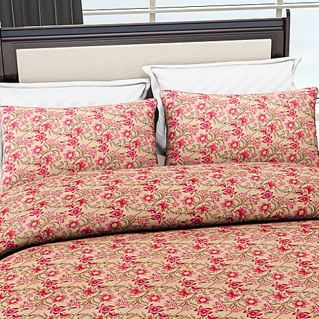 Hush Heaven 3-Piece Printed Duvet Set with Pillow Covers - Storage Bag (Size King) - Beige - Pink