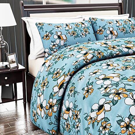 Hush Heaven 3-Piece Floral Print Duvet Set with Pillow Covers - Storage Bag (Size King) - Blue