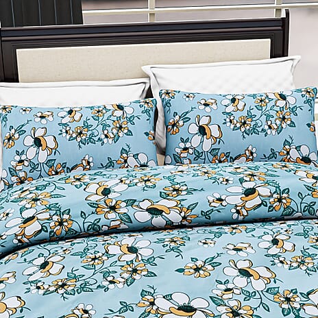 Hush Heaven 3-Piece Floral Print Duvet Set with Pillow Covers - Storage Bag (Size King) - Blue