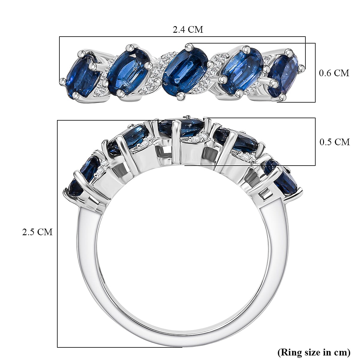 Kashmir Kyanite & White Zircon Ring in Rhodium Overlay Sterling Silver 1.82 Ct.