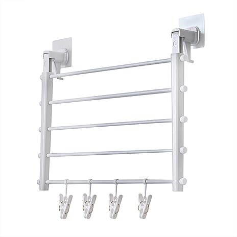 Adjustable Wall-Mounted Laundry Rack with 4 Clothespins (50x40cm) - White