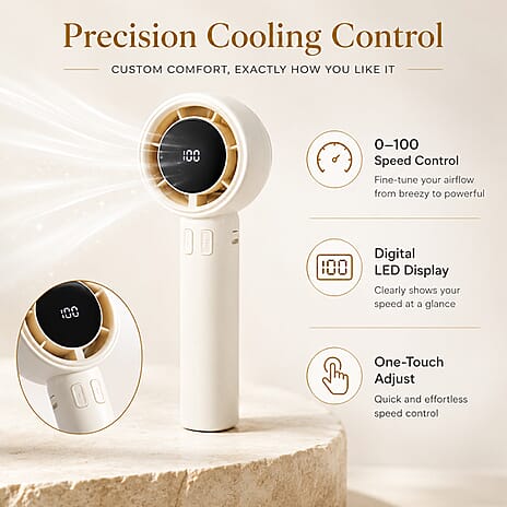 100 Speed Handheld Fan with Digital Display - Up to 7 hr Runtime USB-C Rechargeable Mini Fan - White