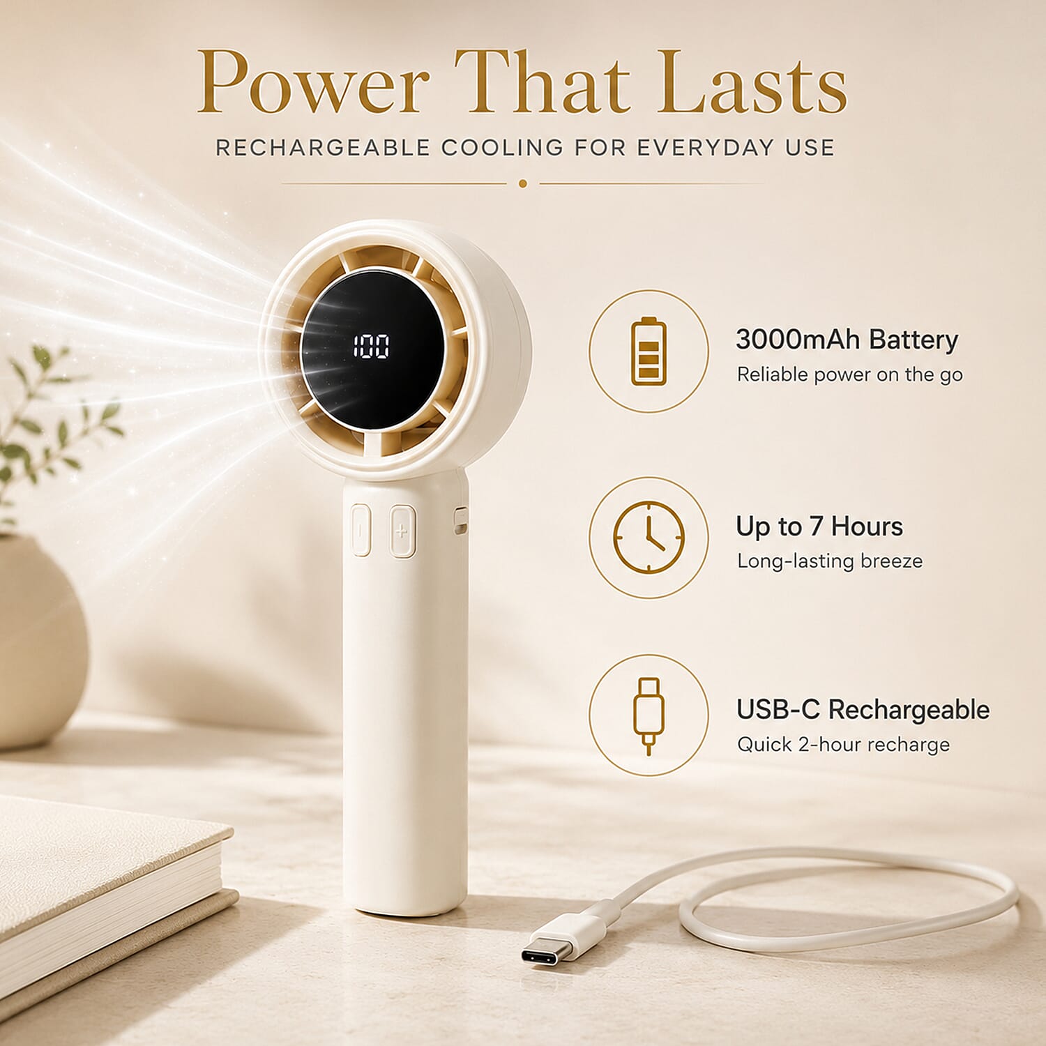 100 Speed Handheld Fan with Digital Display - Up to 7 hr Runtime USB-C Rechargeable Mini Fan - White