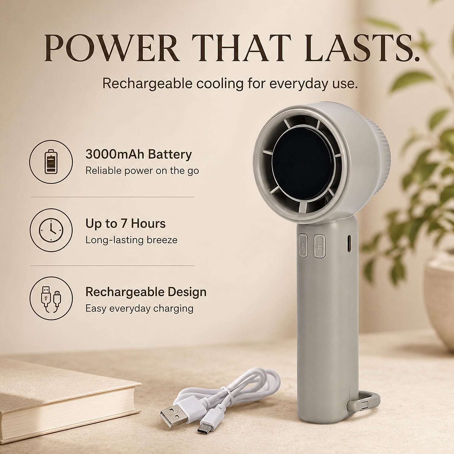 100 Speed Handheld Fan with Digital Display - Up to 7 hr Run time USB-C Rechargeable Mini Fan - Grey