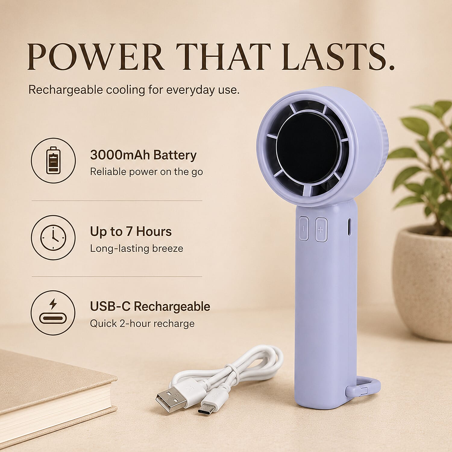 High Speed Handheld Fan with Digital Display - Portable USB-C Rechargeable Mini Fan - Lilac